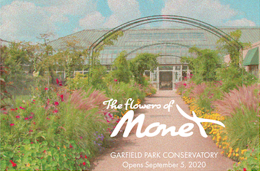 View of the Artist's Garden with painterly effect with text The Flowers of Monet Garfield Park Conservatory Opens September, 5 2020