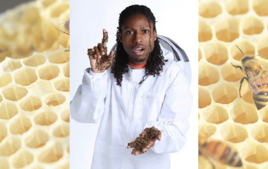 Photo of Samuel Ramsey with a honey comb in the background