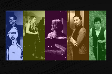 A photo collage of the 5 musicians of the group, Lakeshore Rush. Each photo is a different color: blue, green, purple, yellow and green. Each musician is holding or playing an instrument.