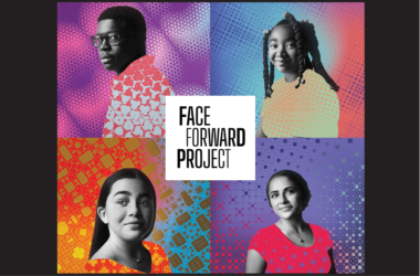 In four quadrants, photographs of four youth with colorful patterned backgrounds with the text Face Forward Project overlayed.