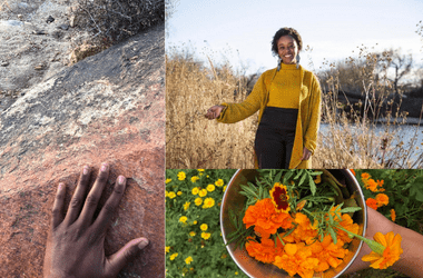 A photo collage: On the left is a photo of a rock that has a gradient of colors ranging from white, gray, orange to brown. On the top right there is a photo of instructor Abena in a field of grass. Abena is looking into the camera and wearing a yellow and black outfit. On the bottom right there is a photo of orange flowers in a container