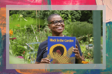 A portrait of Colah B Tawkin. Colah is holding a coloring book named Black in the Garden. She is standing in front of a garden. The photo is placed over a colorful abstract image.
