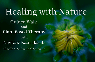 A photo of a yellow flower bud, the background is dark green and out of focus. The text overlaying the photo reads, Healing with Nature, Guided Walk and Plant Based Therapy with Navraaz Kaur Basati