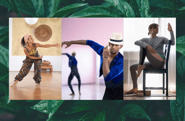 a collage of three photos. Photo 1 is of a woman dancing with her left arm stretched out. Photo 2 is of a man danceing, also with his arms stretched out. The man is wearing a har. Photo 3 is of a woman posing in a chair