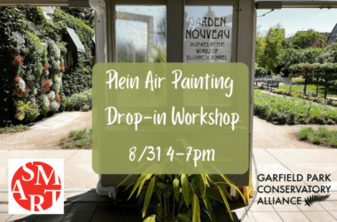 Plein Air Painting Drop-in Workshop 8/31 4-7pm text over photo of Artist's Garden entrance