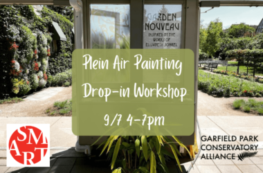 Plein Air Painting Drop-in Workshop 9/7 4-7pm text over a photo of the Artist's Garden Entrance