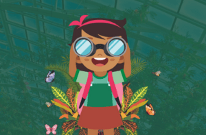 Roving Naturalists, graphic of a young child looking at plants through binoculars.
