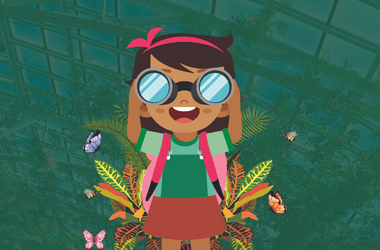 Roving Naturalists, graphic of a young child looking at plants through binoculars.