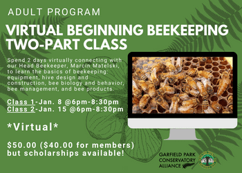 Flyer containing details for upcoming virtual beginning beekeeping two-part class