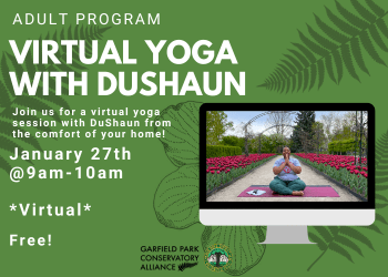 Flyer containing details for upcoming virtual yoga session with DuShaun happening January 27th from 9am to 10am
