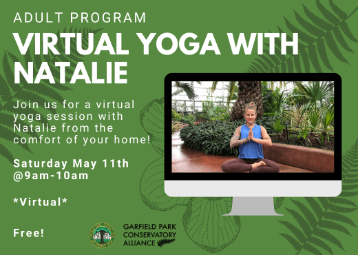Flyer for upcoming virtual session of yoga with Natalie on May 11th from 9am-10am live streamed via Zoom from the Garfield Park Conservatory