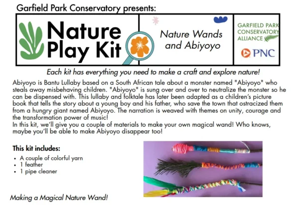 A screenshot of part of the Nature Play Kit activity titled: Nature Wands and Abiyoyo. It includes a description about the story of Abiyoyo and a list of materials needed for the activity