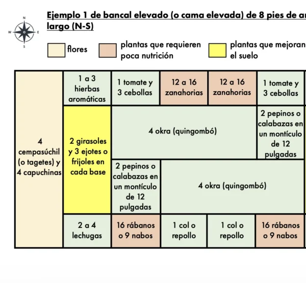 A diagram of the garden layout plant with different sized boxes based on plant size. All in Spanish