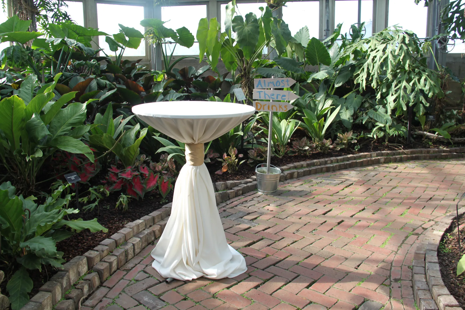 High boy table with white tablecloth set up in front of a plant bed.