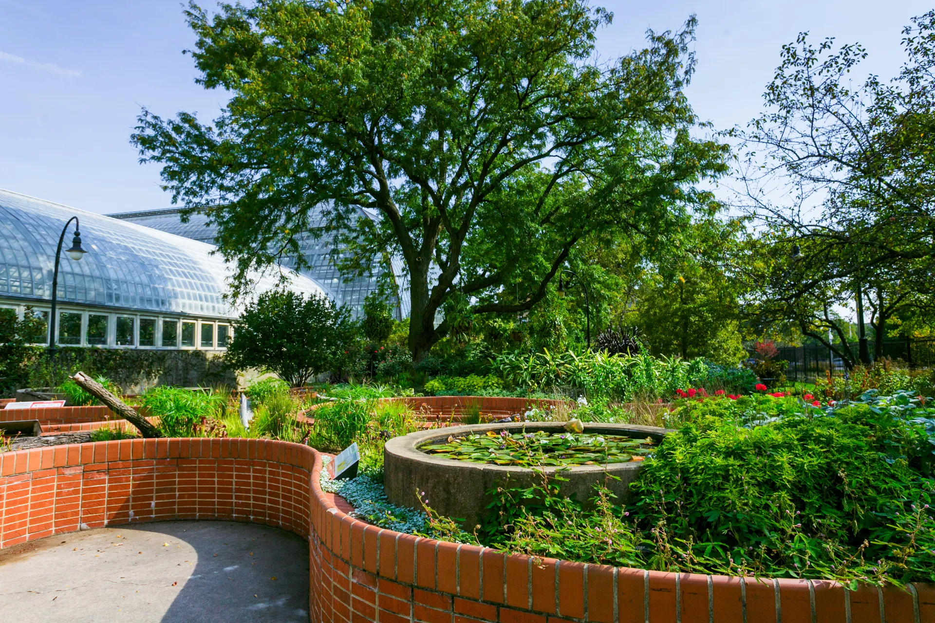 Raised red brick garden bed with curved edges outside with the Conservatory in the background