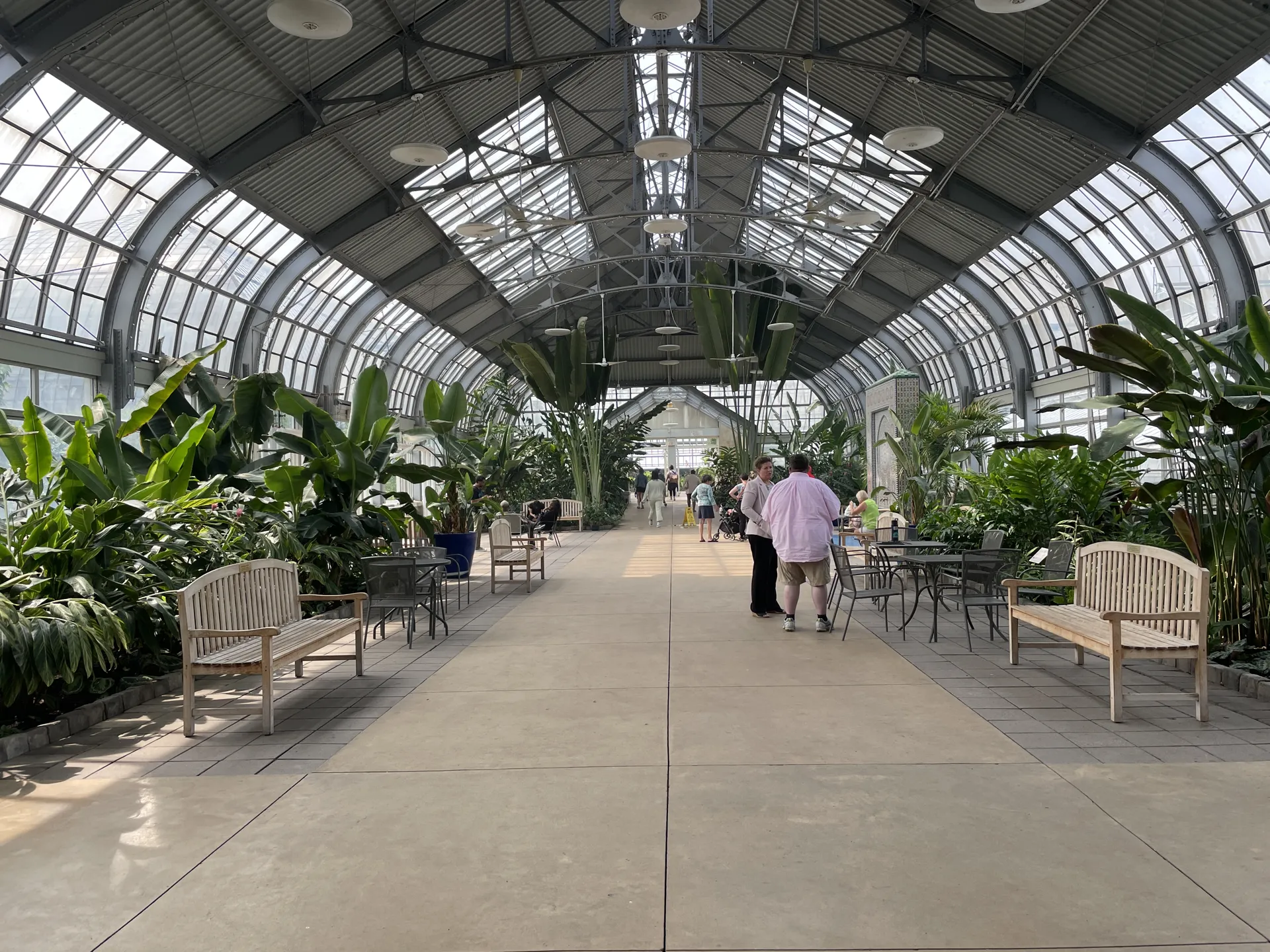 Horticulture Hall view from the Jensen Room doors south with benches and plants framing a wide middle pathway.